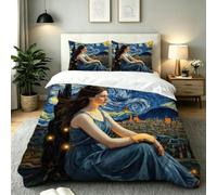 ZZXHG Single Duvet Cover Set Girl Under The Stars, Soft Microfiber Bedding Single Bed Set for Boys Girls, Quilt Covers with Zipper + 2 Pillowcases 50x75cm - 135x200 cm_A21746