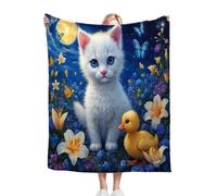 ZZXHG Throw Blankets Single Size 130x150 White Cartoon Cat Adult, Soft Microfiber Flannel Fleece Thick Blanket for Boys Girls, Fluffy Weighted Blanket for Bed Sofa Couch, 50x60 Inch