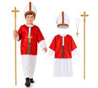 ZZXIAOJIE 5Pcs Kids Pope Costume Red Pope Hat Poncho Set Halloween Outfit