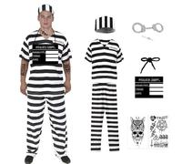 ZZXIAOJIE 7Pcs Prisoner Costume for Men Black White Striped Jail Inmate Outfit with Hat Handcuffs Accessories Halloween Set