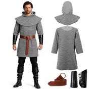 ZZXIAOJIE Adult Medieval Knight Costume Men Chainmail Armor Tunic Set with Belt Bracers Renaissance Warrior Outfit Carnival Halloween Costume Cosplay Props
