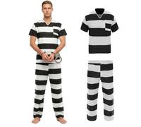 ZZXIAOJIE Mens Prisoner Costume Prison Jumpsuit Striped Adult Inmate Outfit for Cosplay and Halloween