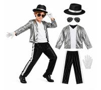ZZXIAOJIE Pop Star Costume Kids 80s Rocker Musician Outfit Disco Halloween | Sequined jackets, pants, hats, gloves, 80s disco outfits, Halloween costumes, singer stage costumes, carnival cosplay props