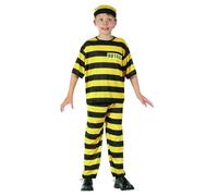 ZZXIAOJIE Prisoner Costume Kids Black Yellow Striped Jail Inmate Outfit with Criminal Accessories Halloween Set Cosplay Props