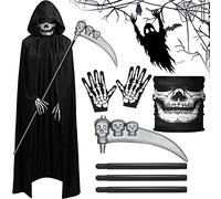 ZZXLOPEZ Grim Reaper Costume, Halloween Costume Reaper 4-Piece Death Costume Set with Skull Mask, Scythe, Skeleton Gloves, Cape for Halloween Decoration, Cosplay, Carnival (Black, 175 cm)