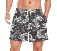 ZZXXB Chinese Dragon Retro Print Men's Swim Trunks with Liner Quick Dry Beach Shorts Swimwear Bathing Suit XL Black