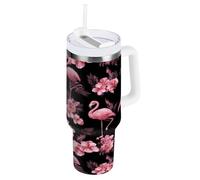 ZZXXB Flamingo Hibiscus Floral Print Insulated Stainless Steel Water Bottle with Handle and Straw Lid Double Walled Travel Mug 30 oz