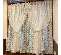 ZZYK Washed Summer Printed Linen Kitchen Short Curtains,Double Layers White Lace Window Valances Privacy Cabinet Curtain Panels for Living Room Cafe Laundry,Paste,57" W x 27" L