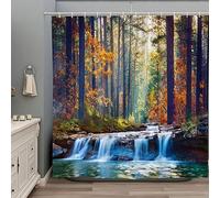 ZZYSKS Forest Waterfall Shower Curtain Fall Autumn Scenic Jungle Natural Scenery Seasonal Landscape Green Tree River Stone Fabric Bathroom Decor Set with Hooks 70Wx70H Inch