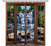 ZZYSKS Forest Waterfall Shower Curtain Nature Scenic Green Tree Tropical Rainforest Jungle River Stone Landscape Fabric Bathroom Decor Set with Hooks