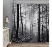 ZZYSKS Misty Forest Shower Curtain Black White Foggy Nature Landscape Grey Fantasy Fog Tree Rustic Farmhouse Outdoor Fall Halloween Bath Curtain with Hook 70Wx70H Inch