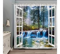 ZZYSKS Misty Forest Waterfall Shower Curtain Tropical Jungle Rainforest Plant Landscape Fog Green Tree River Stone Spring Nature Scenic Fabric Bathroom Decor Set with Hooks 70Wx70H Inch