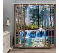 ZZYSKS Misty Forest Waterfall Shower Curtain Tropical Jungle Rainforest Plant Landscape Fog Green Tree River Stone Spring Nature Scenic Fabric Bathroom Decor Set with Hooks 70Wx70H Inch