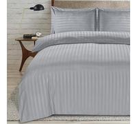 ZZZMRH Double Duvet Set, Premium Quality Silver Bedding Double Bed Set with Satin Stripes, Soft Breathable Double Duvet Cover with 2 Pillowcases, Hypoallergenic Reversible Bed Cover (Silver, Double)